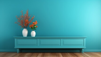 Modern living room with smart tv displaying digital 3d illustration and matte painting on cabinet