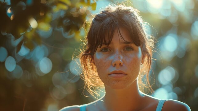 A young woman with brown hair and blue eyes looks directly at the camera in a forest setting. The sun shines brightly through the leaves, creating a warm and inviting atmosphere.