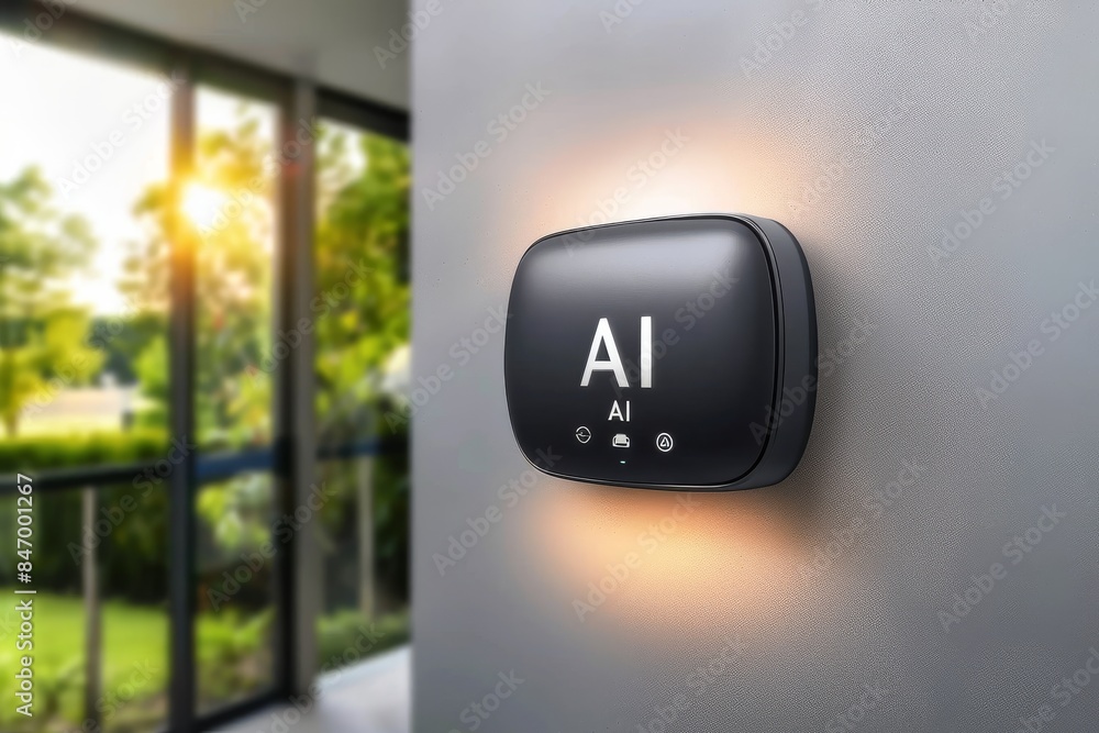 Poster ai button on a modern wall futuristic technology digital interface advanced design cyber aesthetics 
