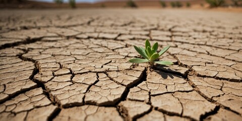 A single green sapling emerges from parched, cracked soil, symbolizing hope and resilience in adversity