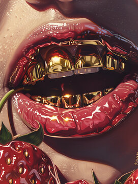 Close-up of glossy lips with gold teeth and strawberries. A vibrant and striking artistic composition.