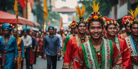 Fototapeta premium Smiling men in traditional ethnic costumes partake in a vibrant street procession in a cultural event