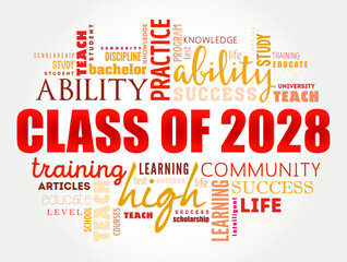 Class of 2028 - the group of students who graduated from high school or college in the year 2028, word cloud concept background