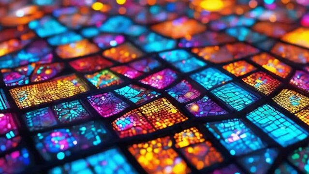 An animation showcasing a high-quality light mosaic. It visualizes a mosaic made of glowing tiles, creating intricate and colorful patterns that change and evolve