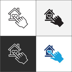 Donation icon. Charity icons. Hand with house symbol. Home donate icon. Vector stock icons collection in thin line and flat colors style design.