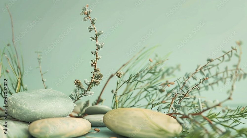 Poster abstract nature scene with a composition of juniper stones and dry snags neutral green background fo