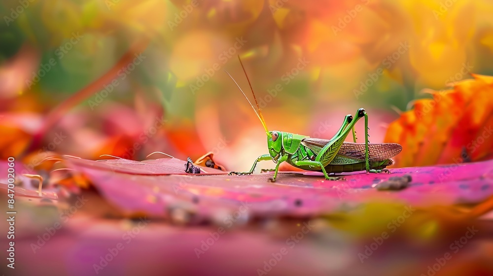 Poster a green grasshopper sitting on autumn coloured leaf grasshopper in nature : generative ai