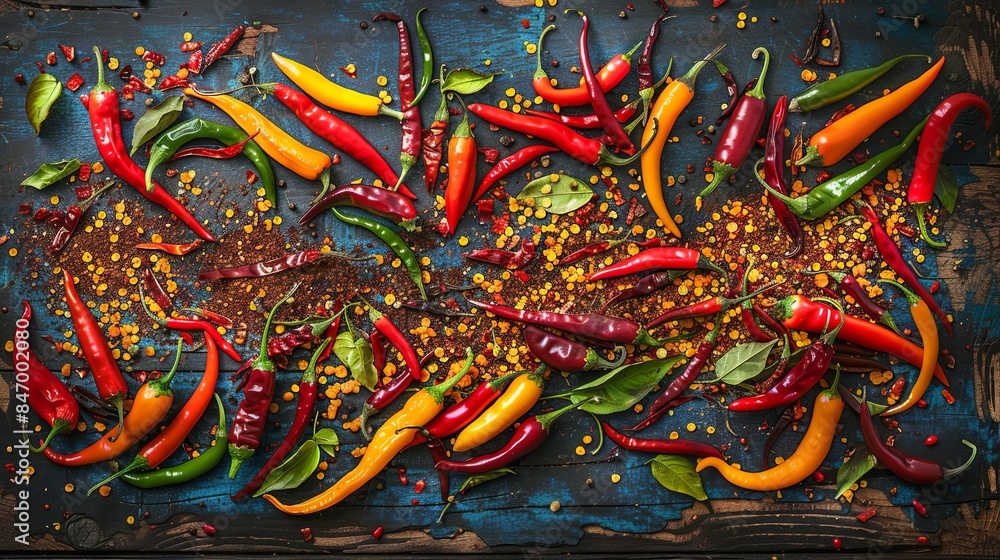 Poster A close-up view of various chili peppers, fresh and dried, scattered across a rustic wooden tabletop. The vibrant colors and textures create a visually appealing composition. Generative AI