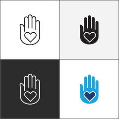 Donation icon. Charity icons. A hand with love heart symbol. Vector stock icons collection in thin line and flat colors style design.