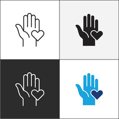 Donation icon. Charity icons. A hand with love heart symbol. Vector stock icons collection in thin line and flat colors style design.