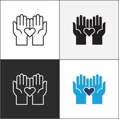 Donation icon. Charity icons. Two hand and love heart symbol. Vector stock icons collection in thin line and flat colors style design.