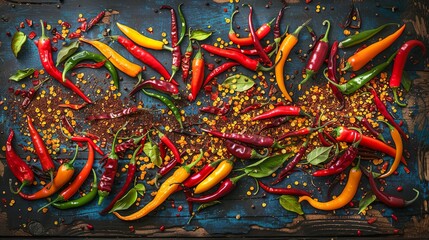 A close-up view of various chili peppers, fresh and dried, scattered across a rustic wooden tabletop. The vibrant colors and textures create a visually appealing composition. Generative AI