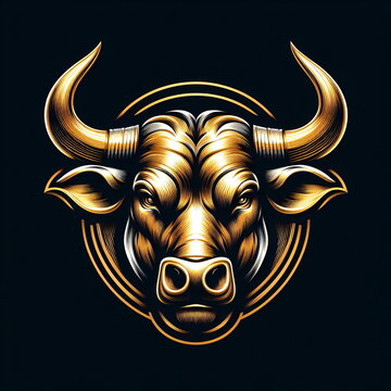 Gold and brass bull head emblem logo with stylish engraving isolated on black background.