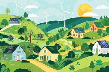 picturesque rural landscape featuring solar-powered homes and wind turbines, highlighting eco-friendly and sustainable living.