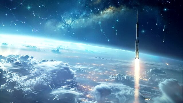 Spaceflight Symphony: A Rocket Launching Skyward to a Heavenly Galaxy. Seamless looping time-lapse virtual 4k video animation background
