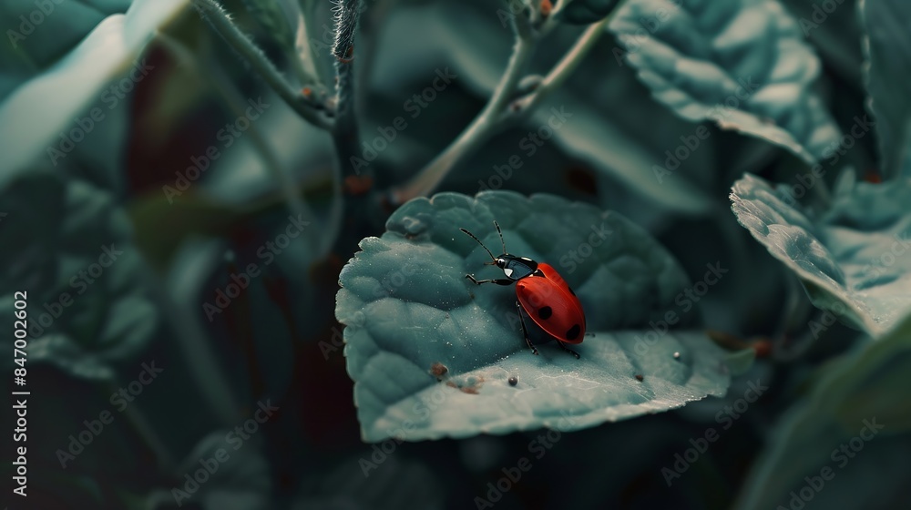 Poster natural closeup on the red firebug pyrrhocoris apterus sitting on a leaf in the garden : generative 
