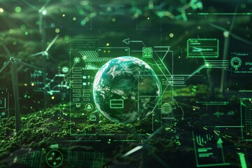 high-tech illustration featuring Earth at the center, surrounded by digital interfaces and renewable energy elements like wind turbines, emphasizing green technology and environmental sustainability.