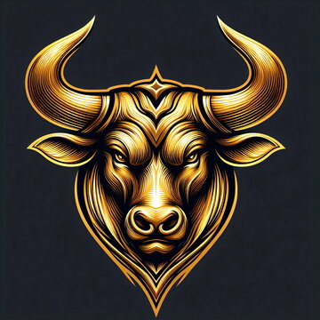 Gold and brass bull head emblem logo with stylish engraving isolated on black background.