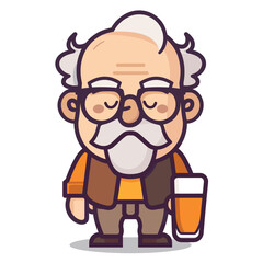 Elderly cartoon scientist holding beaker, wearing glasses. Cartoon grandpa white beard, lab coat over orange shirt, science. Grumpy old man glasses, science vector