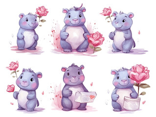 Watercolor valentines day love hippo couple, hand drawn watercolor illustration for greeting card or invitation design