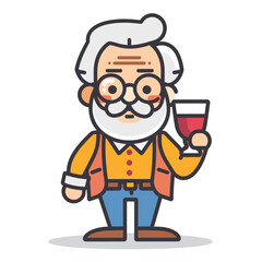 Elderly cartoon professor holding wine glass cheers gesture. Senior animated character white hair, mustache, glasses, vest, buttonup shirt. Friendly old man casual attire enjoying drink