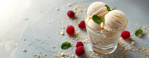 A glass bowl of vanilla ice cream with fresh raspberries and mint leaves