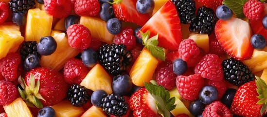 Fototapeta premium A mixture of fresh fruits and berries served in a salad.