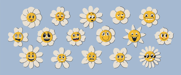 Groovy daisy flowers face set. Funky flower characters, cute smiling chamomiles in trendy psychedelic retro y2k style. Hippie funny floral stickers or trippy plants with different facial expressions.