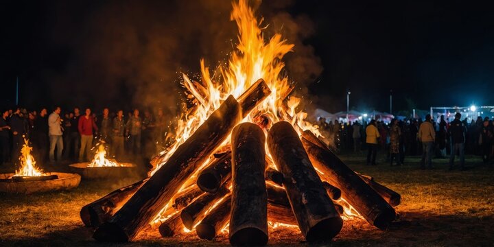 A roaring bonfire with people gathered around it during a nighttime outdoor event