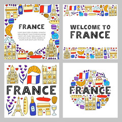 Set of posters with lettering and doodle colored France landmarks and attractions isolated on white backgrounds. Travel concept backgrounds.