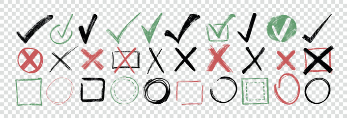 Doodle hand drawn chalk check mark set. Charcoal pencil checklist icons, sketch checkboxes, tick and cross symbols. Crayon checkmark element. Color correct or incorrect marks on transparent background © redgreystock