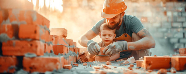 close up to father and son in cascs putting red bricks to brickwall at construction
