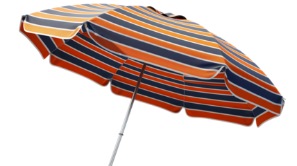 An orange, blue, and white striped beach umbrella isolated on a white background