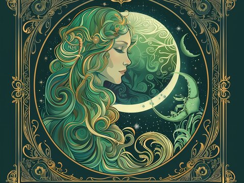 Cancer zodiac sign in the form of a beautiful woman in art nouveau style