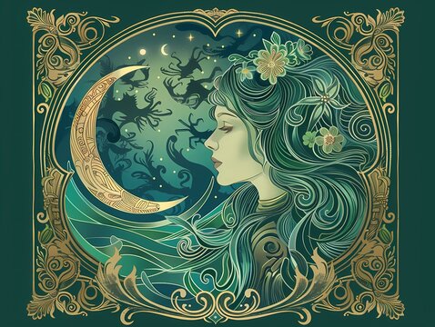 Cancer zodiac sign in the form of a beautiful woman in art nouveau style. Yellow and green background, crescent moon, flowers and waves.