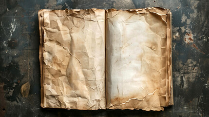 a dark brown color ripped old blank paper book page on a rustic finished wooden table top with burnt effect  