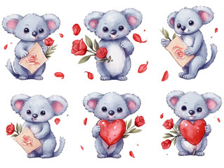 Watercolor valentines day love koala couple, hand drawn watercolor illustration for greeting card or invitation design