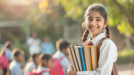 Indian young girl holding books in the school