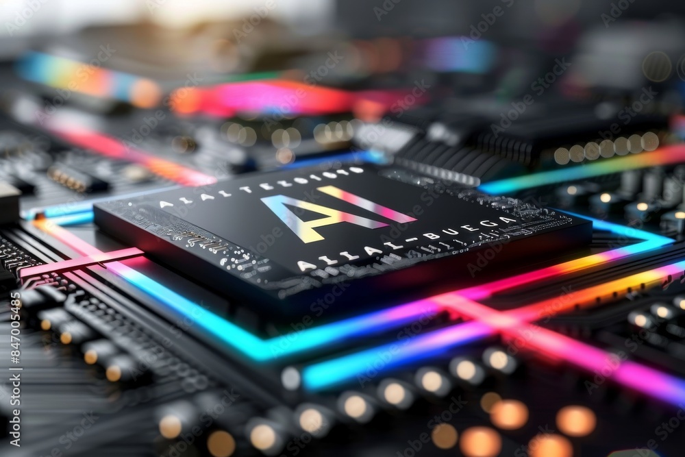 Aufkleber futuristic ai circuit board with colorful neon lights showcasing advanced technology in a vibrant di