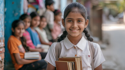 Indian young girl holding books in the school