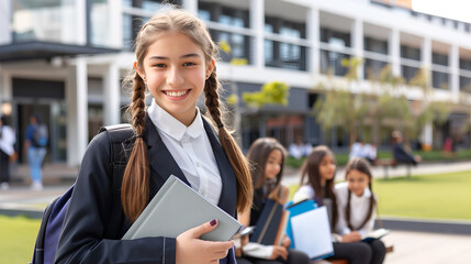 Smiling schoolgirl holding books in the school
