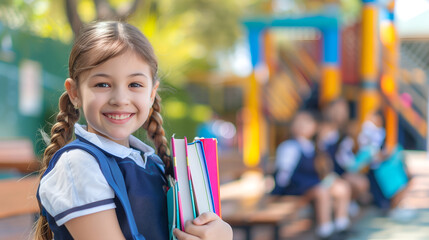 Smiling schoolgirl holding books in the school