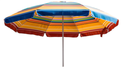 An isolated image of a striped beach umbrella with a white background