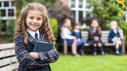 Smiling schoolgirl holding books in the school