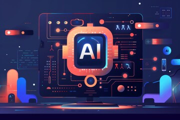 AI microchip with futuristic digital interface and blue background representing advanced technology and artificial intelligence 3D illustration high detail glowing components cyber theme
