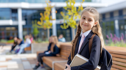 Smiling schoolgirl holding books in the school