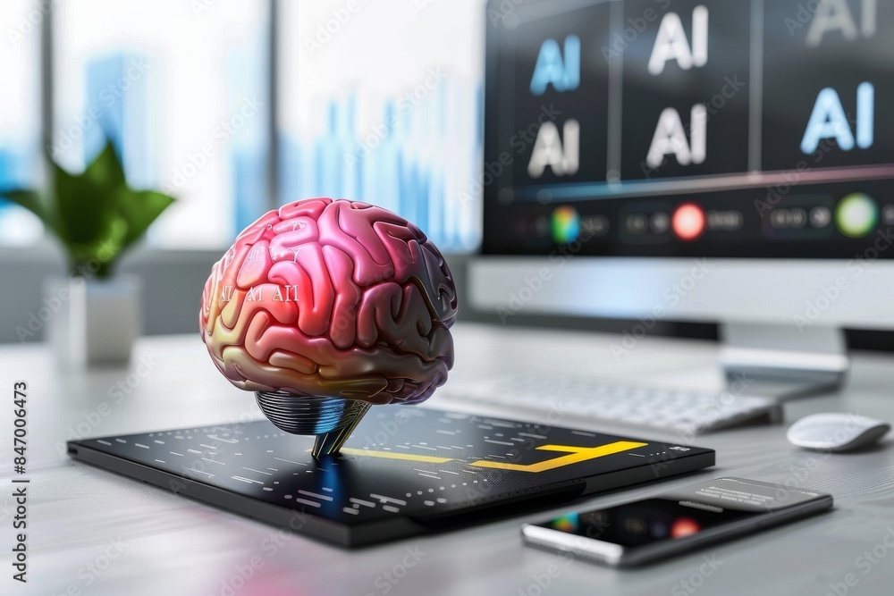 Poster brain on a laptop with ai hologram in a modern office setting representing artificial intelligence a