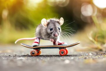 A gray mouse in red sneakers is rapidly skateboarding on the road. Concept of creativity, movement, activity, goal achievement. - Powered by Adobe
