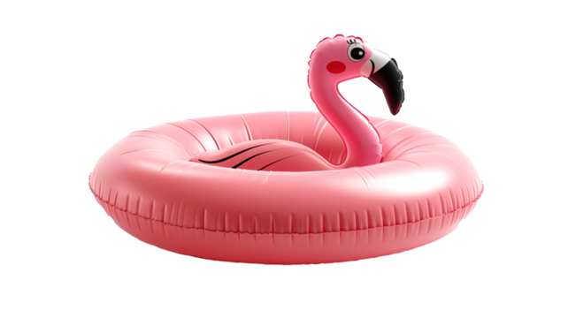 A pink flamingo pool float isolated on a white background