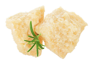 Pieces of parmesan cheese with rosemary isolated on white background. Top view. Flat lay